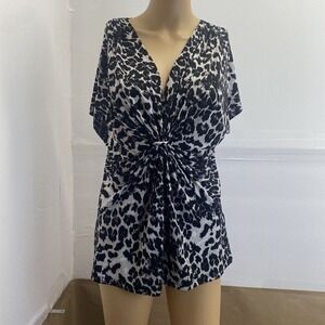 Chaus Women's Blouse Black/tan Short‎ Sleeve Large Stretch Top V Neck Pre Owned